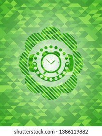 alarm clock icon inside green emblem. Mosaic background