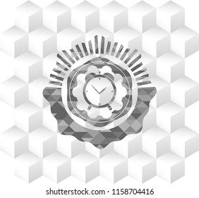 alarm clock icon inside grey emblem. Retro with geometric cube white background