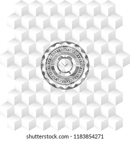 alarm clock icon inside grey emblem. Vintage with geometric cube white background