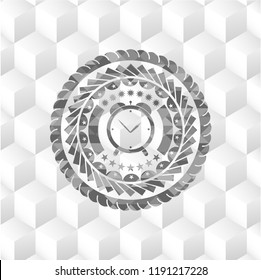 alarm clock icon inside grey icon or emblem with geometric cube white background