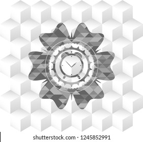 alarm clock icon inside grey emblem. Retro with geometric cube white background