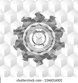 alarm clock icon inside grey emblem. Vintage with geometric cube white background