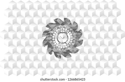 alarm clock icon inside grey emblem with cube white background