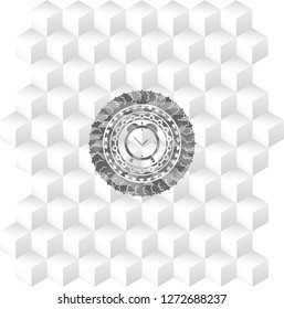 alarm clock icon inside grey emblem with cube white background