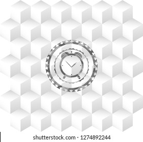 alarm clock icon inside grey emblem with cube white background