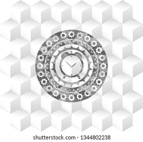 alarm clock icon inside grey emblem. Retro with geometric cube white background