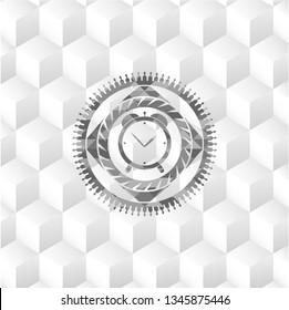 alarm clock icon inside grey icon or emblem with geometric cube white background