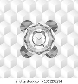 alarm clock icon inside grey emblem. Retro with geometric cube white background