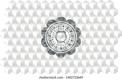 alarm clock icon inside grey emblem with cube white background