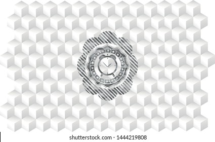 alarm clock icon inside grey badge with geometric cube white background