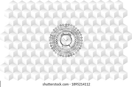 alarm clock icon inside grey icon or emblem with geometric cube white background. 