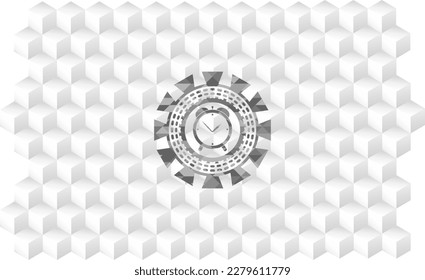 alarm clock icon inside grey emblem. Retro with geometric cube white background. 