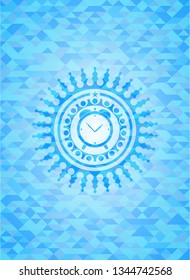 alarm clock icon inside light blue emblem with mosaic ecological style background