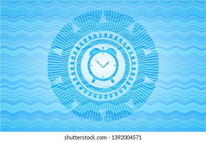 alarm clock icon inside light blue water badge background.