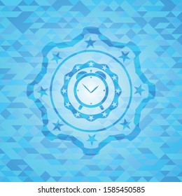alarm clock icon inside light blue emblem with mosaic ecological style background