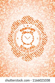 alarm clock icon inside orange mosaic emblem