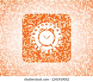 alarm clock icon inside orange tile background illustration. Square geometric mosaic seamless pattern with emblem inside.