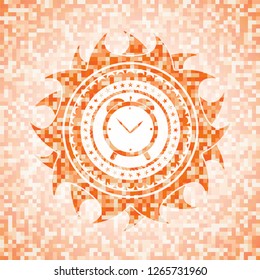 alarm clock icon inside orange mosaic emblem