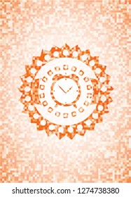 alarm clock icon inside orange tile background illustration. Square geometric mosaic seamless pattern with emblem inside.