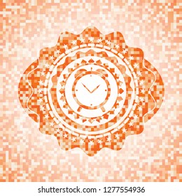 alarm clock icon inside orange mosaic emblem with background