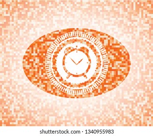 alarm clock icon inside orange tile background illustration. Square geometric mosaic seamless pattern with emblem inside.