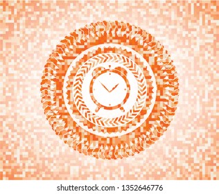 alarm clock icon inside orange mosaic emblem