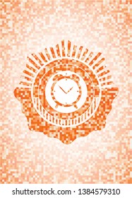 alarm clock icon inside orange tile background illustration. Square geometric mosaic seamless pattern with emblem inside.
