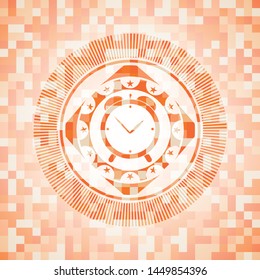 alarm clock icon inside orange tile background illustration. Square geometric mosaic seamless pattern with emblem inside.