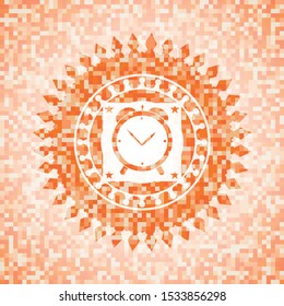 alarm clock icon inside orange mosaic emblem with background