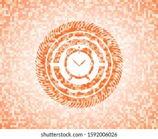 alarm clock icon inside orange mosaic emblem with background