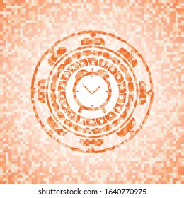 alarm clock icon inside orange tile background illustration. Square geometric mosaic seamless pattern with emblem inside.
