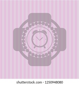 alarm clock icon inside pink emblem