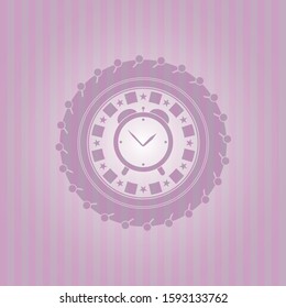 alarm clock icon inside pink emblem. Retro