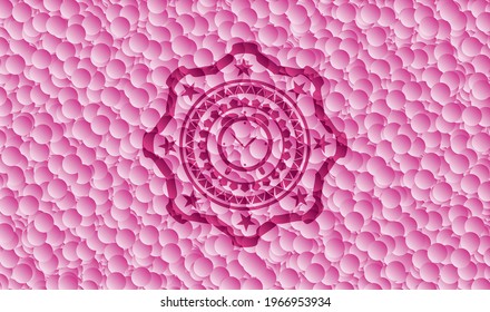 icono del reloj de alarma dentro del emblema rosa con fondo de burbujas. Vintage. Ilustración vectorial. Detallado. 