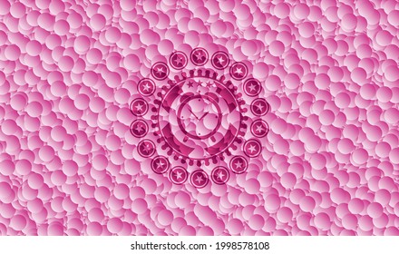 Wecker-Symbol in rosafarbenem Emblem mit Blasenhintergrund. Jahrgang. Vektorgrafik. Detaillierte Angaben. 