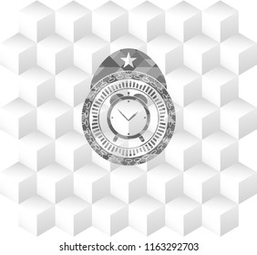 alarm clock icon inside realistic grey emblem with geometric cube white background