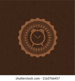 alarm clock icon inside realistic wood emblem