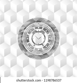alarm clock icon inside realistic grey emblem with cube white background