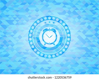 alarm clock icon inside realistic sky blue emblem. Mosaic background