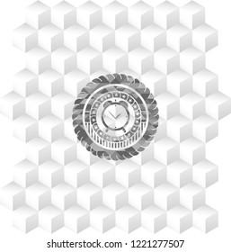 alarm clock icon inside realistic grey emblem with cube white background