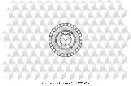 alarm clock icon inside realistic grey emblem with cube white background