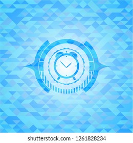 alarm clock icon inside realistic light blue emblem. Mosaic background