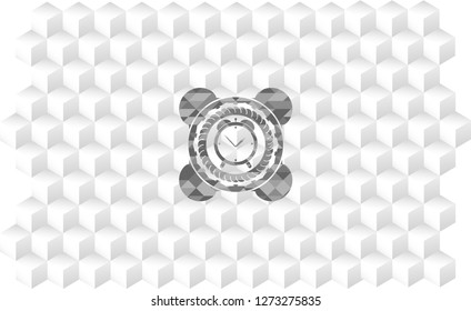 alarm clock icon inside realistic grey emblem with cube white background