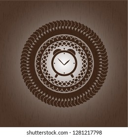 alarm clock icon inside realistic wood emblem