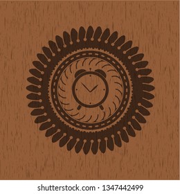 alarm clock icon inside realistic wooden emblem