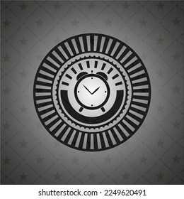 alarm clock icon inside realistic black emblem. 