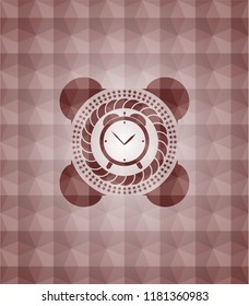 alarm clock icon inside red seamless emblem or badge with geometric pattern background.