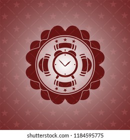 alarm clock icon inside red emblem. Retro