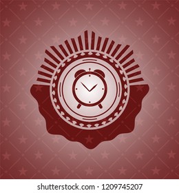 alarm clock icon inside red emblem. Retro