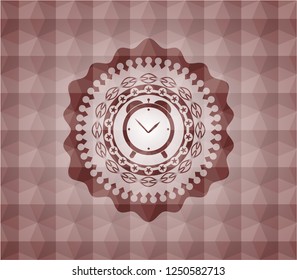 alarm clock icon inside red seamless emblem or badge with abstract geometric pattern background.